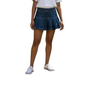 Sweet Society Womens Denim Ruffle Pleat Mini Skirt Size SM Med Wash Hearts y2K
